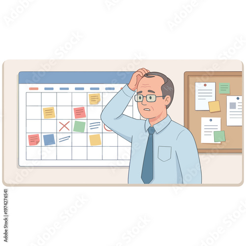 A man in a blue shirt and tie looks stressed in front of a calendar and bulletin board.