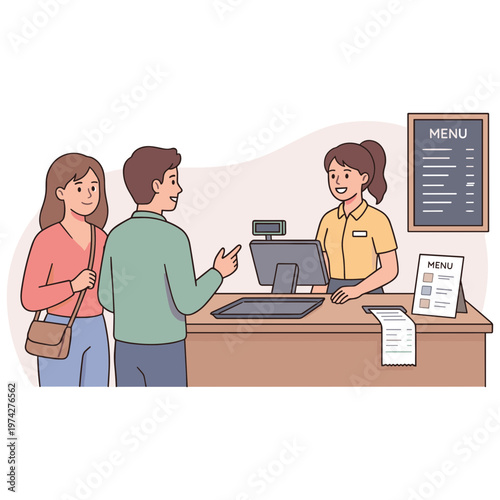 Couple ordering food from a friendly waitress at a restaurant counter.