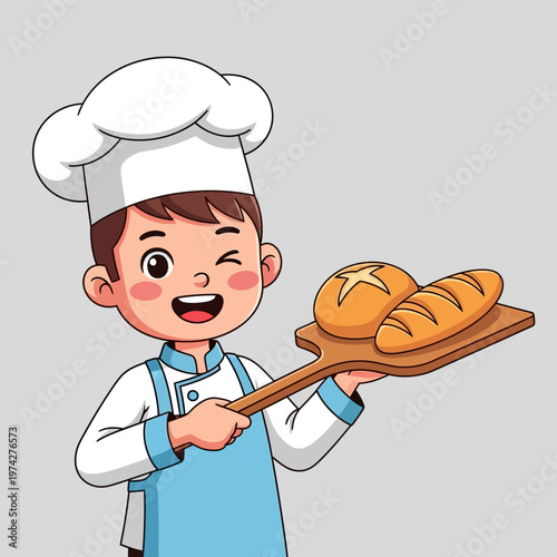 Happy Baker Boy Winks Holding Freshly Baked Bread on Wooden Peel