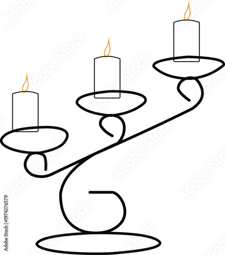 Three burning candles in a candelabra drawing with elegant curved design.