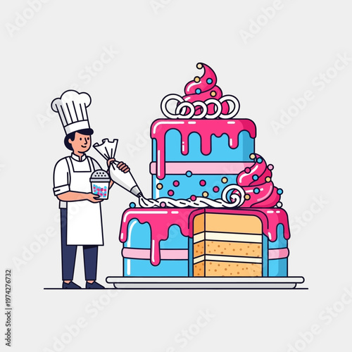 Baker Decorating a Multi-Layered Blue and Pink Cake with Icing Bag