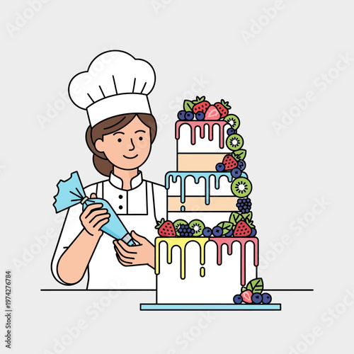 Baker Decorating Multi-Tiered Fruit Cake with Piping Bag