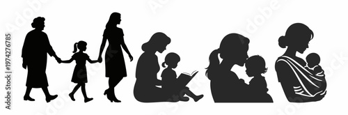 Black vector silhouettes of a diverse group of people featuring a business man, a fashion woman, and a happy family with a mother and daughter having fun