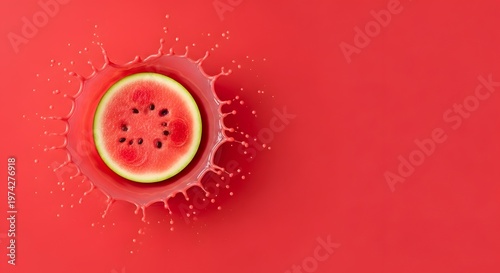 Percikan dinamis cairan merah dari irisan buah semangka segar di latar belakang senada