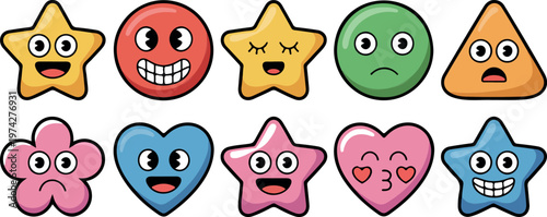 Cute colorful emoji stickers with various facial expressions in fun shapes playful emoticons set for messaging and social media