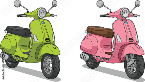 Set of two vintage classic Italian style scooters in lime green and pink colors isolated on white background for city transportation and travel
