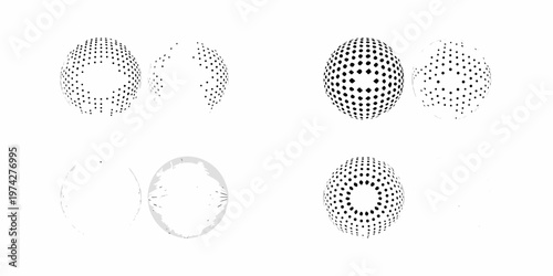 Arrangement of six spherical shapes with dotted and outlined patterns