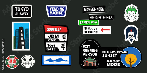 Collection of colorful japanese themed stickers and signs a striking silhouette