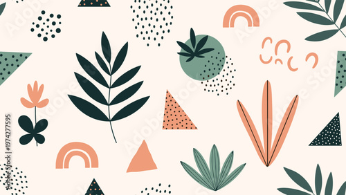 Organic abstract seamless pattern combining illustrative leaves, geometric triangles, playful dots, and subtle rainbows in muted earthy tones on a light beige background.