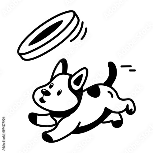 A glyph style icon showing a dog catching frisbee  
