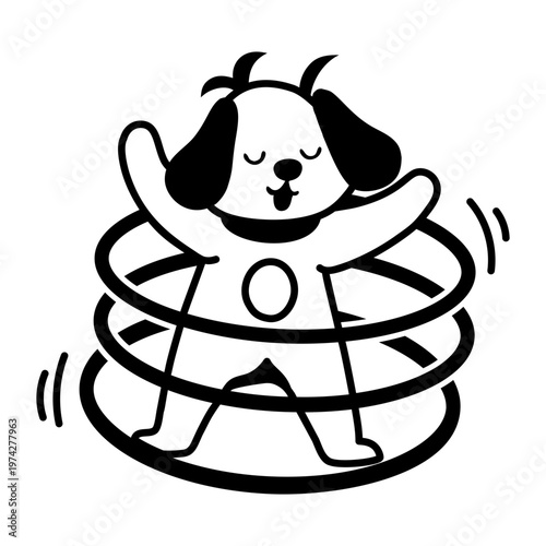 A glyph style icon representing a dog playing with hula hoops  
