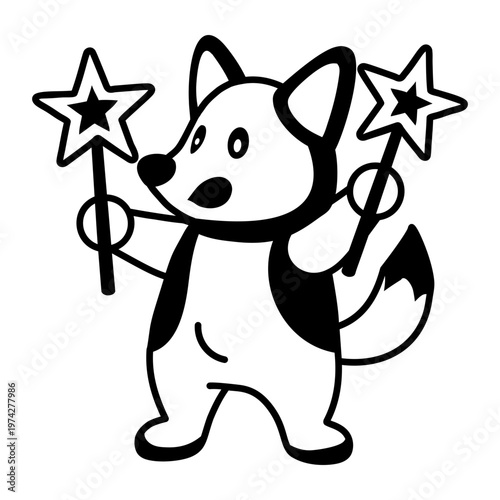 A glyph style icon representing a dog holding sparklers 
