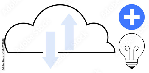 Cloud technology. Cloud storage upload and download arrows data transfer within cloud technology. Features innovation with a light bulb and plus sign. For tech solutions, data transfer, creativity