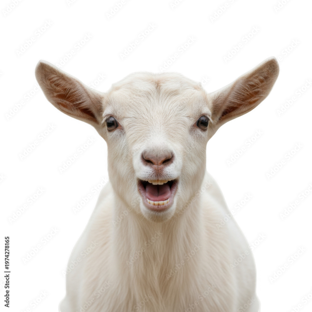 Fototapeta premium Close-up portrait of a white baby goat isolated on a transparent background