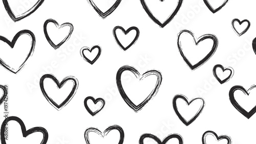 Expressive seamless pattern featuring a dynamic scattering of roughly sketched hearts in bold black, creating an artistic and modern design on a clean white background.