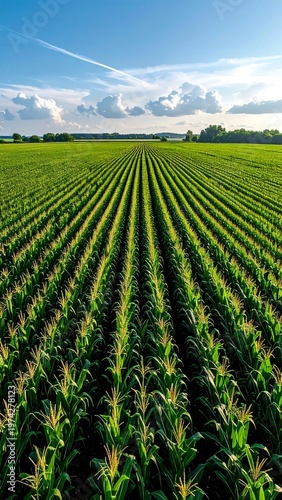 Expansive view of a cornfield stretches towards the horizon under a bright blue sky dotted with puffy white clouds. Green plants in rows