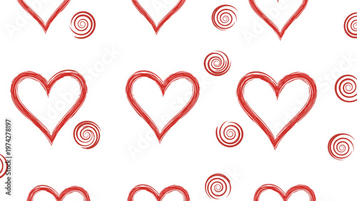 Expressive seamless pattern featuring a dynamic scattering of roughly sketched hearts in bold red, complemented by playful red swirls on a clean white background.