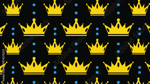 Striking seamless pattern showcasing an array of gleaming golden crowns adorned with small blue dots, dynamically arranged against a deep black background.