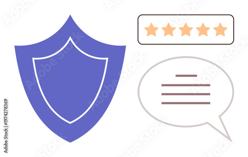 Online security, customer experience, trust ratings, service reviews, internet safety, reputation management. A shield, five-star rating and text bubble. Online security and customer experience