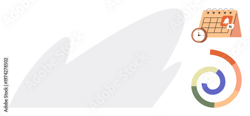 Time management, productivity, task planning, scheduling, organization, progress tracking. Minimal design with a calendar, clock and progress chart. Time management and productivity concept