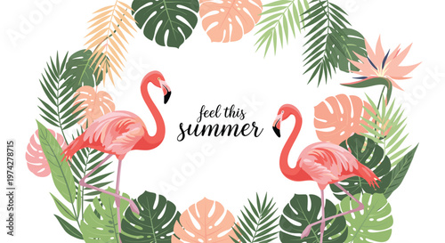 Two pink flamingos standing among tropical monstera and palm leaves with exotic flowers and text reading feel this summer on white.