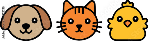 Cute animal faces of dog cat and chick with colorful outlines playful domestic animals vector set for kids design