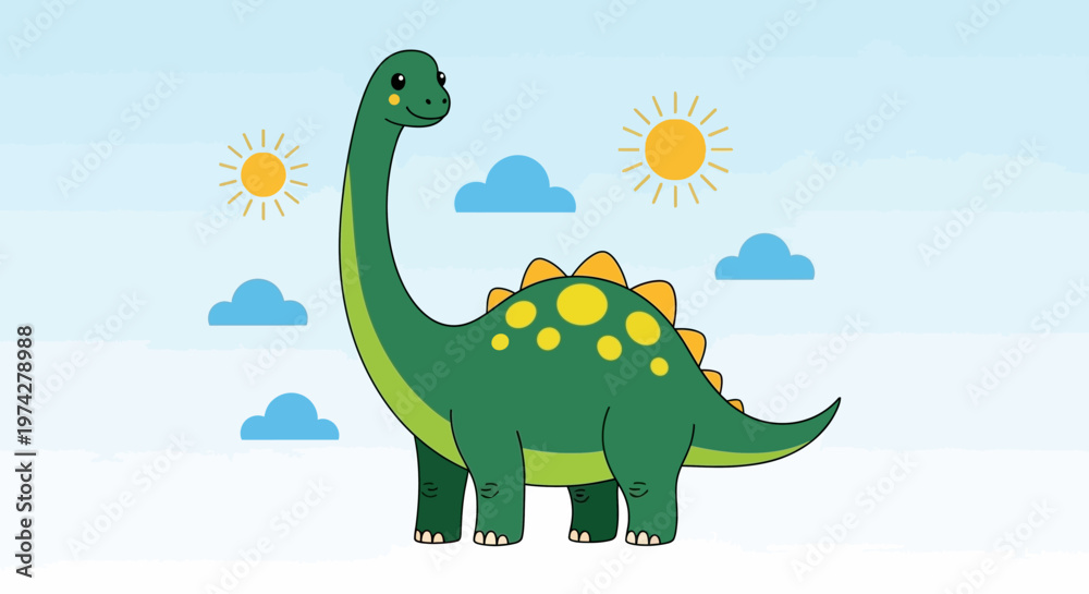 Fototapeta premium Cute Cartoon Brachiosaurus Illustration with Long Neck and Yellow Spots on Blue Sky Background for Kids and Nursery Design