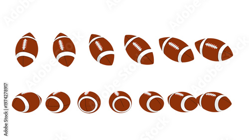 American football ball rotation set. Rugby ball in different positions and angles for game animation and sports desig, Vector illustration EPS 10