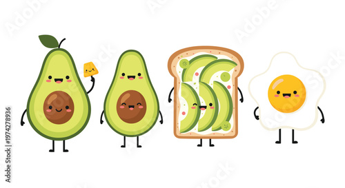 Group of cute cartoon characters featuring two whole avocados one avocado toast and a fried egg with happy faces on white background.