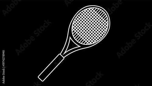 White line tennis racket icon on black background. Minimalist sports equipment vector illustration, neon style outline, Vector illustration EPS 1