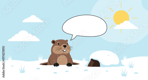 Cute groundhog emerging from its burrow in the snow with a speech bubble under a sunny sky for groundhog day holiday celebration.