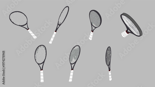 Tennis rackets collection in different perspectives. Hand drawn style tennis equipment for sports layouts and training concepts, Vector illustration EPS 10
