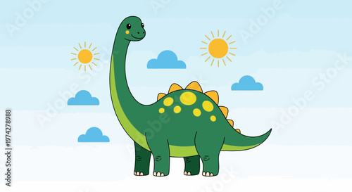Cute Cartoon Brachiosaurus Illustration with Long Neck and Yellow Spots on Blue Sky Background for Kids and Nursery Design
