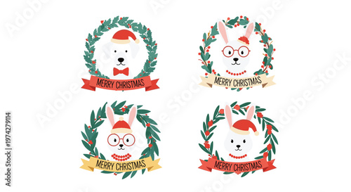 Set of four christmas wreaths featuring a dog and bunnies wearing santa hats and glasses with merry christmas ribbons on white.