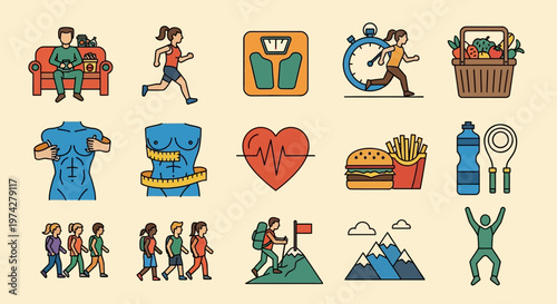 Fitness Healthy Lifestyle and Weight Loss Vector Icon Set for Wellness and Nutrition