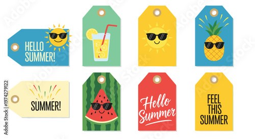 Collection of eight colorful summer-themed gift tags featuring sun sunglasses drinks pineapple watermelon and seasonal greeting text.