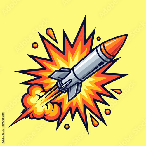 Exploding Rocket Launching with Fiery Blast and Smoke Trails on Yellow Background