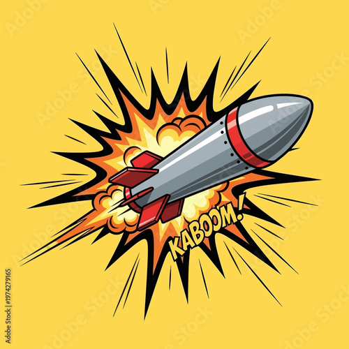 Exploding Rocket Missile with Kaboom Text, Comic Style