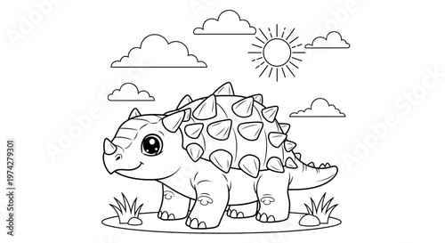 Cute Cartoon Ankylosaurus Dinosaur Coloring Page for Kids, Adorable Prehistoric Animal Line Art Illustration