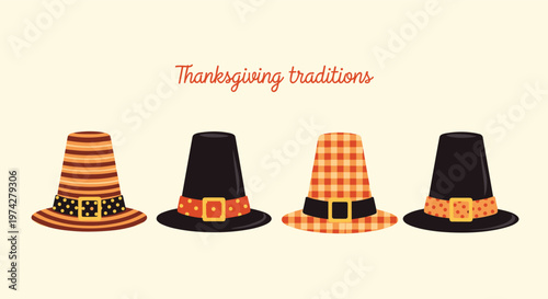 Four different styles of pilgrim hats with striped checkered and dotted bands for thanksgiving traditions holiday graphic design.