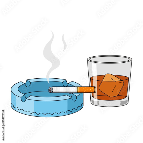 Smoking cigarette in ashtray and glass of whiskey with ice cubes, unhealthy lifestyle concept