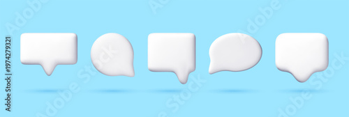 3D Set of white bubble shapes for text. 3d communication icons for social media interface. Digital chat message elements isolated on blue. Graphic web design button collection. Vector illustration