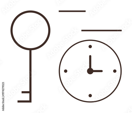 Time management, security access, productivity planning, deadlines, goal setting, encryption. Minimalistic line art showing a key and clock. Time management and security access concept