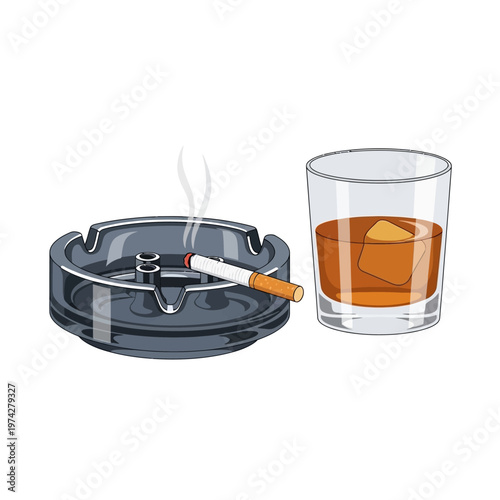 Smoking cigarette in ashtray and glass of whiskey with ice