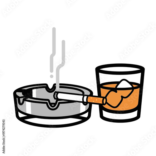 Smoking cigarette in ashtray with glass of whiskey and ice cubes, unhealthy lifestyle concept