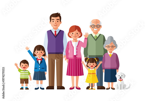 Happy Multigenerational Family Portrait Illustration with Grandparents, Parents, Children and Pet Dog Vector