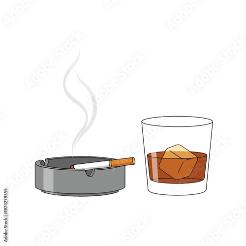 Smoking cigarette in ashtray with glass of whiskey and ice cubes