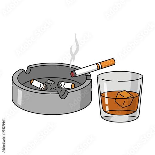 Smoking cigarette in ashtray with glass of whiskey and ice cubes
