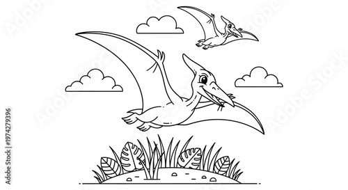 Pterodactyl Dinosaurs Flying in the Sky Coloring Page - Prehistoric Flying Reptile Vector Line Art for Children's Activity Books and Educational Worksheets