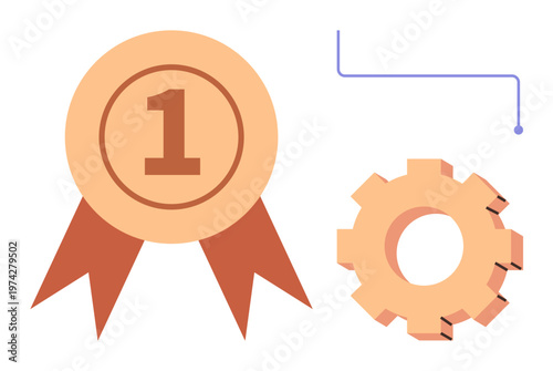 Achievement, recognition, productivity, teamwork, innovation, success. Ribbon award showing number one and a gear connected. Achievement and productivity concept